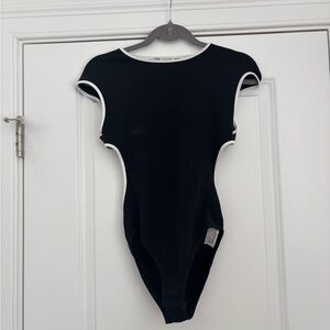 Black and White Trim Backless One-Piece Bodysuit